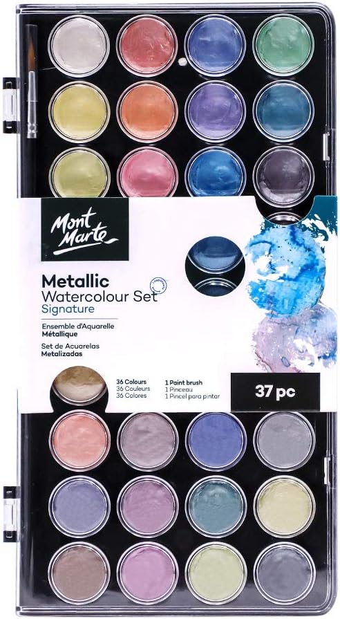 WATERCOLOR SET METALLIC PREMIUM ( BRAND MONT MARTE ) 36 VIBRANT COLOR WITH 1 PAINT BRUSH