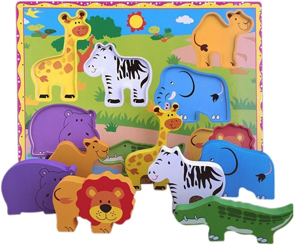 LEO 7 Piece Chunky Wild Animal Wooden Puzzle for Preschoolers