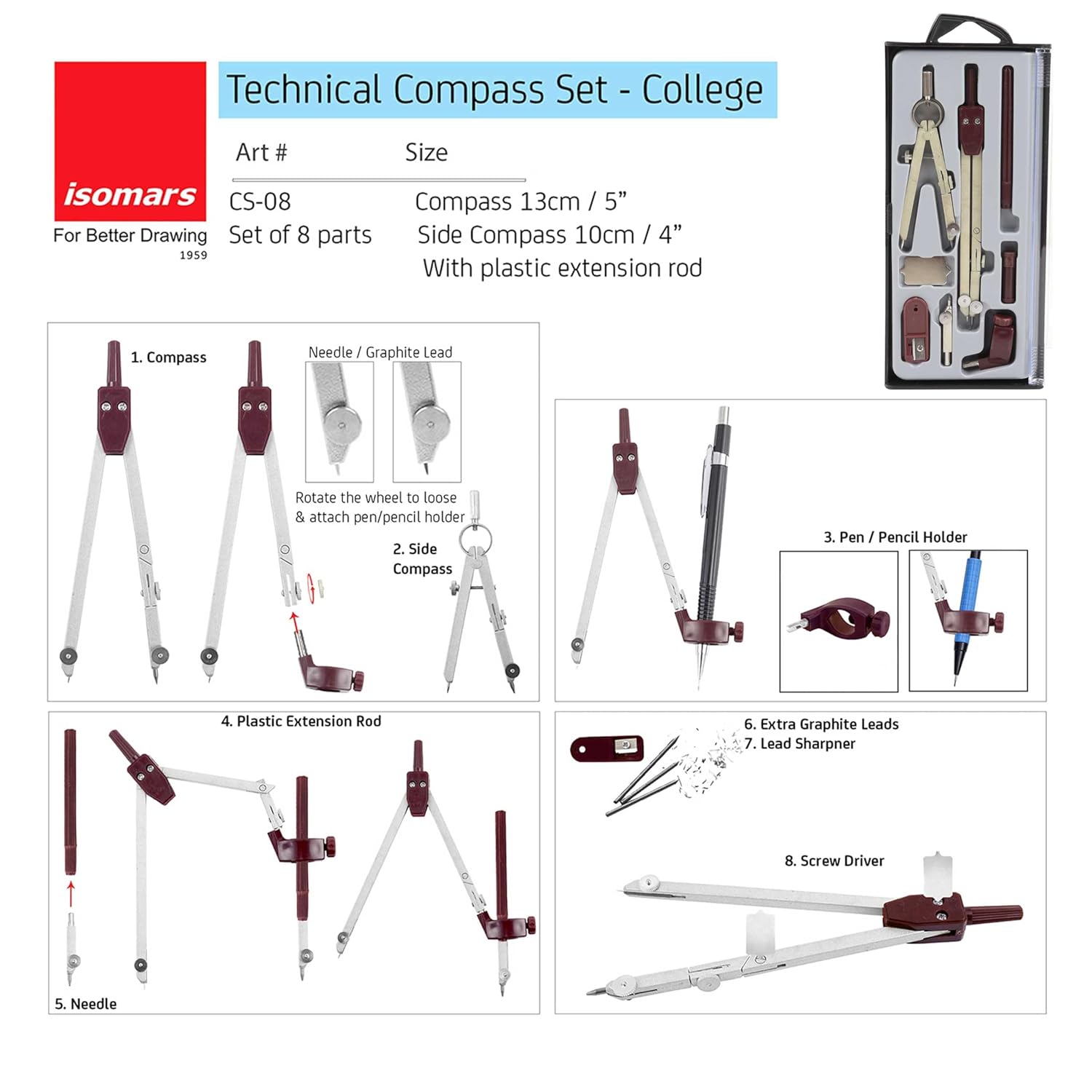 TECHNICAL COMPASS SET ( BRAND ISOMARS ) SET OF 8 FOR ENGINEERS AND ARCHITECH