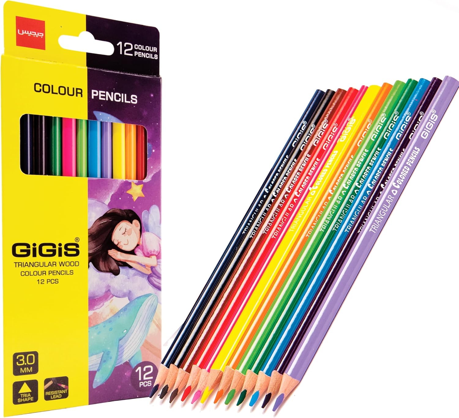TRIANGULAR WOOD COLOR PENCIL 12 COLORS ( BRAND GIGIS )