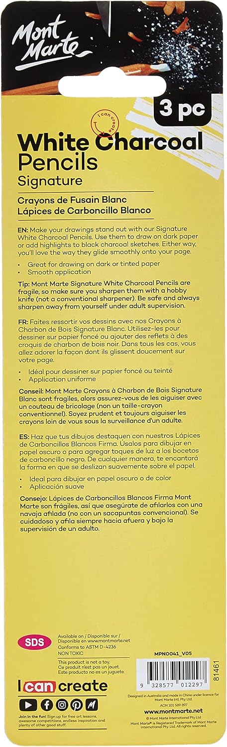 CHARCOAL PENCILS ( BRAND MONT MARTE ) 3 PIECES WHITE MEDIUM CHARCOAL