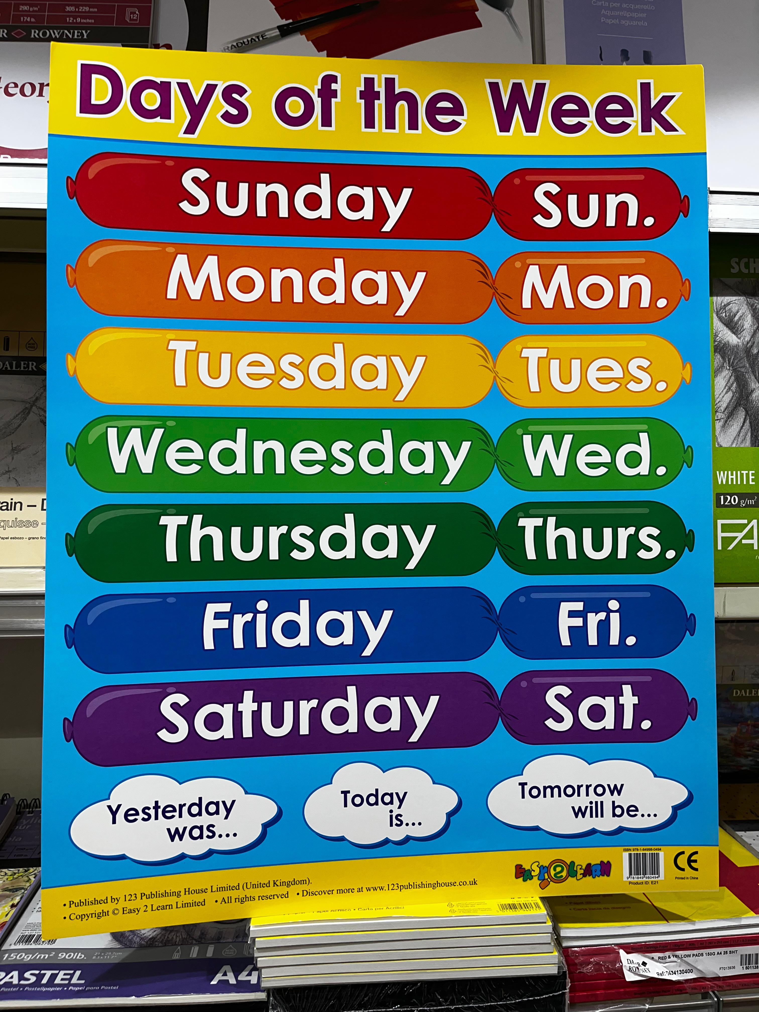 ENGLISH CHART BOARD - DAYS OF THE WEEK ID (E21)
