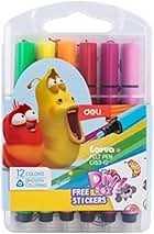 Deli Larva Felt Pen 12 Colors Washable Fiber bullet tip, 4mm Triangular Barrel Assorted Color