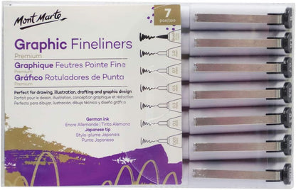 Mont Marte Graphic Fineliner Pens, 7 Count, Assorted Nib Styles, German Ink