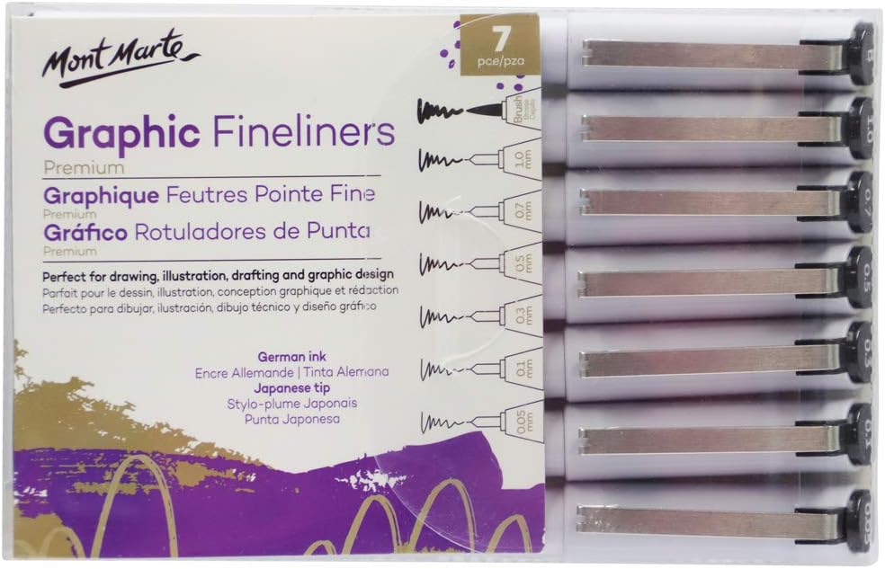 Mont Marte Graphic Fineliner Pens, 7 Count, Assorted Nib Styles, German Ink
