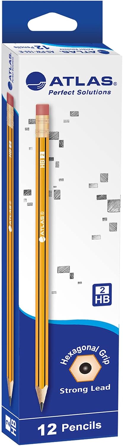 Atlas Graphite HB Pencil With Eraser Tip Box Of 12Pcs | Yellow | smooth and clear writing.