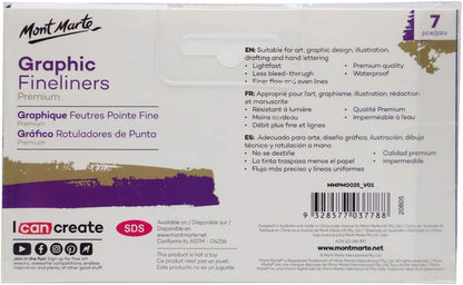 Mont Marte Graphic Fineliner Pens, 7 Count, Assorted Nib Styles, German Ink