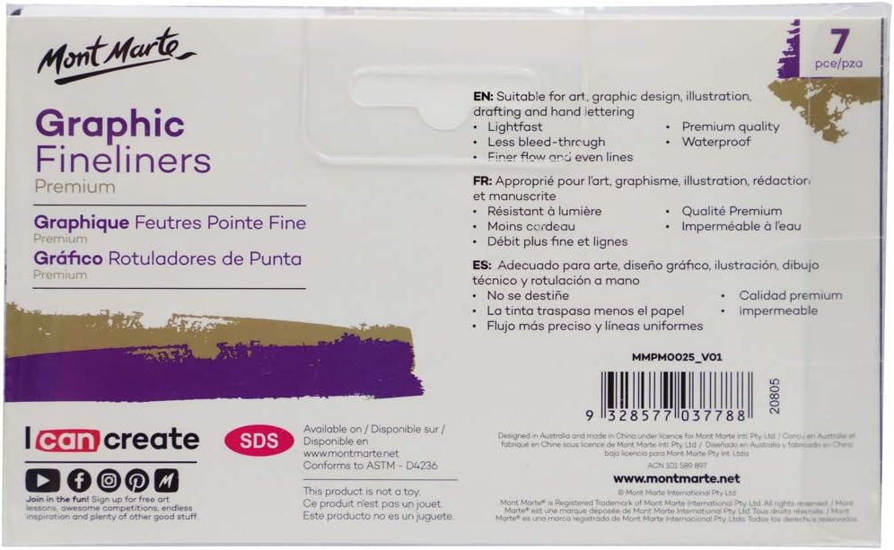 Mont Marte Graphic Fineliner Pens, 7 Count, Assorted Nib Styles, German Ink
