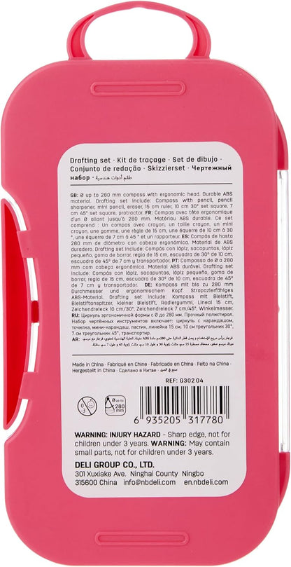 GEOMETRY BOX ( BRAND DELI ) COMPAS DRAFTING 8 PIECE SET PINK & BLUE COLOR