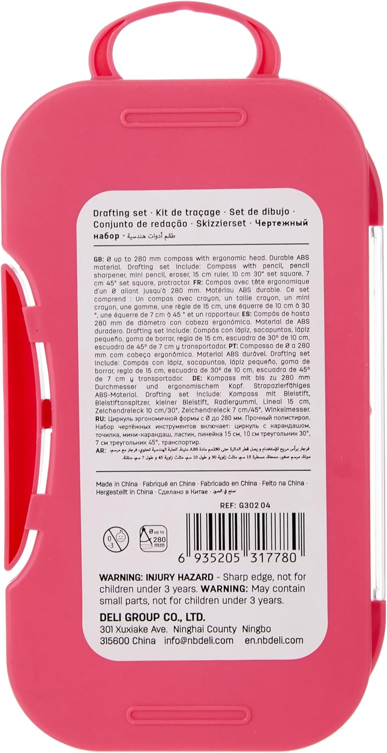 GEOMETRY BOX ( BRAND DELI ) COMPAS DRAFTING 8 PIECE SET PINK & BLUE COLOR