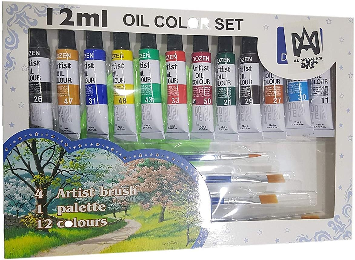 SADAF OIL COLOUR SET 12MLX12CLR WITH 4 ARTIST BRUSHES & 1 PLASTIC PALETTE