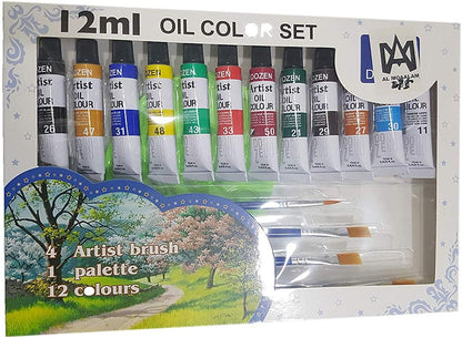 SADAF OIL COLOUR SET 12MLX12CLR WITH 4 ARTIST BRUSHES & 1 PLASTIC PALETTE