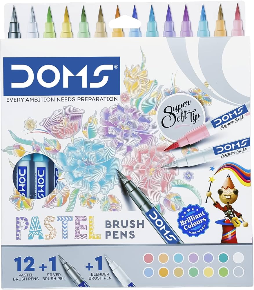 DOMS Pastel Brush Pens (12+1 Metallic Silver +1 Blender Brush Pen)