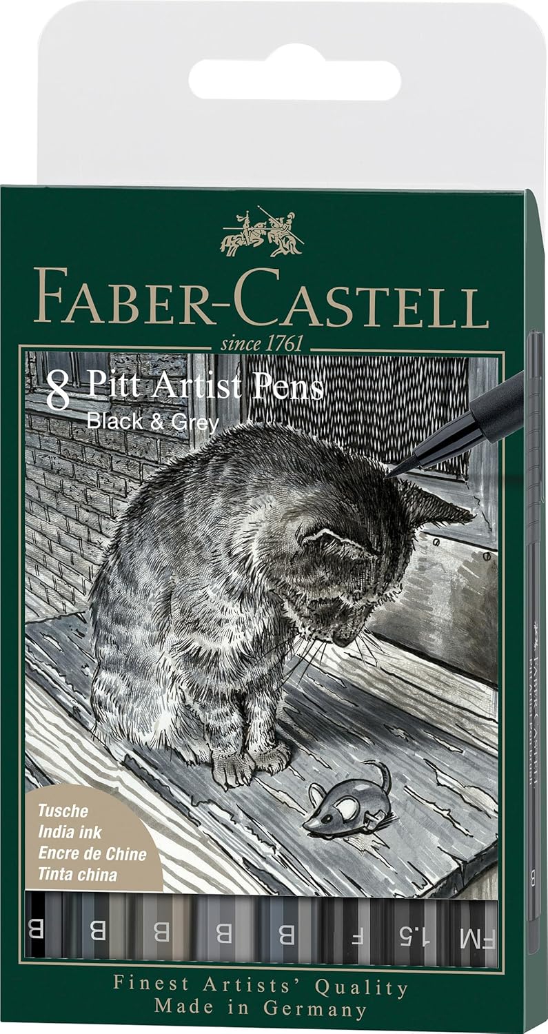 Faber-Castell India Pitt Artist Pen Black and Grey, Set of 8, Waterproof, Permanent
