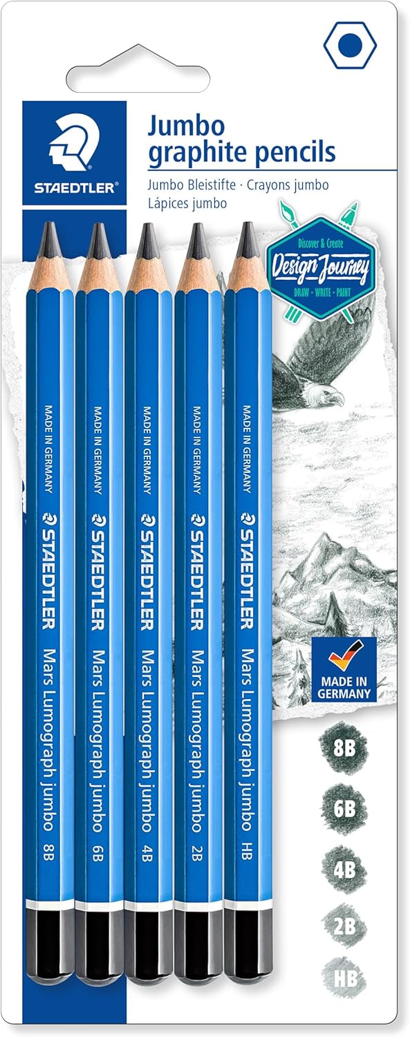 Staedtler Mars Lumograph Jumbo Art Drawing Pencils, Graphite Pencils In Assorted Grades, Set Of 5, 100J-S Bk5