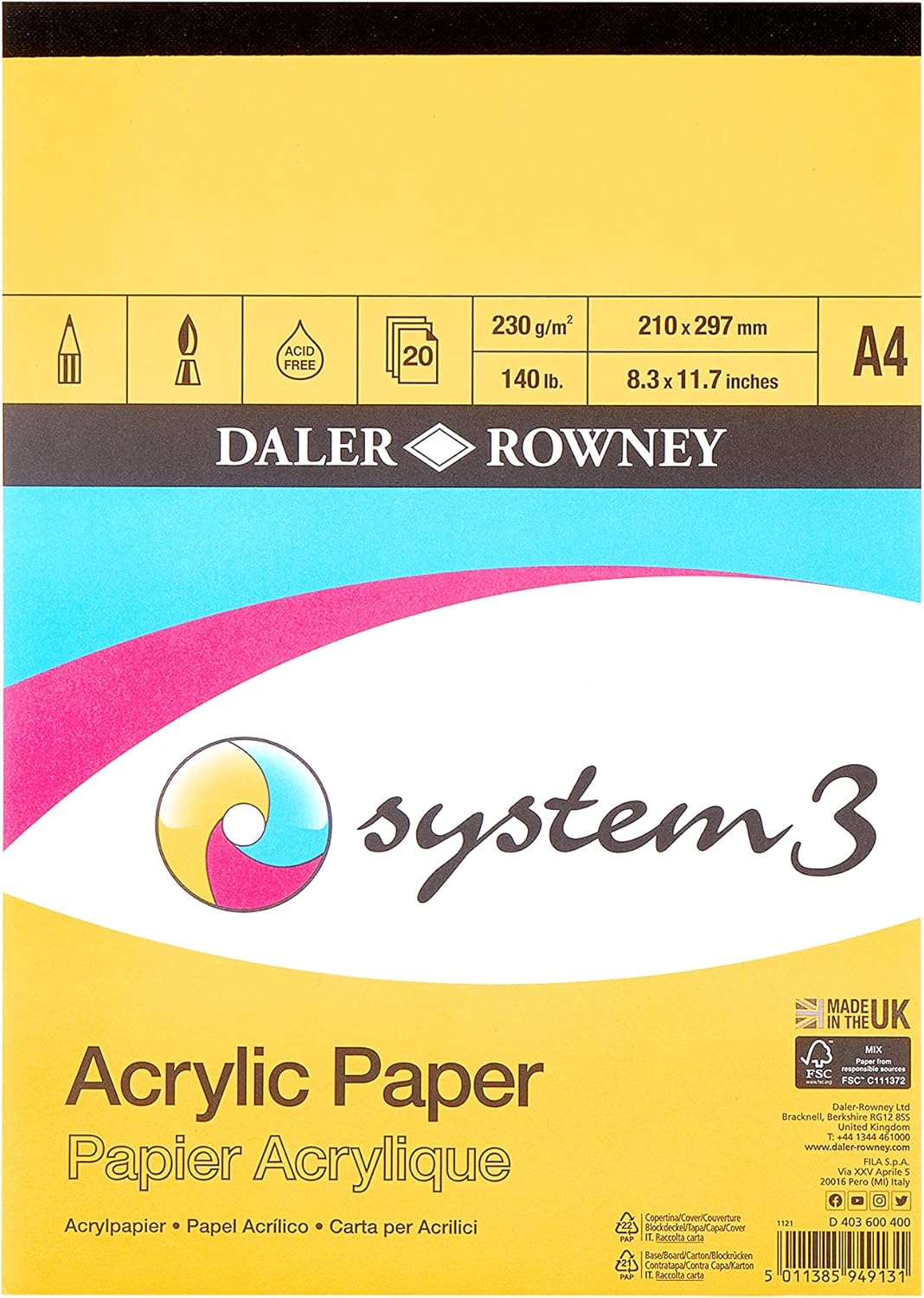 ACRYLIC PAPER ( BRAND DALER ROWNEY ) SYSTEM 3 SINGLE SIDED 20 SHEETS A4 SIZE 230 GSM