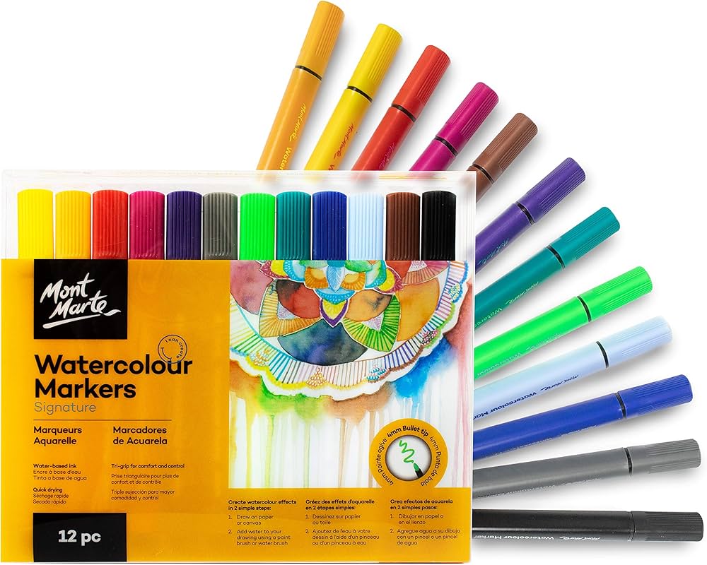 Mont Marte Watercolour Markers Signature (12 Colors - 1mm to 3mm Tips)