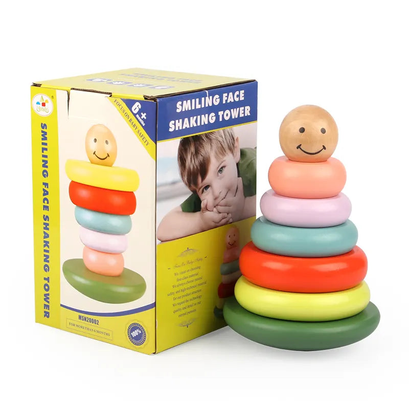 2020 New baby wooden smiling face shaking tower stacking games toddler toys for kids