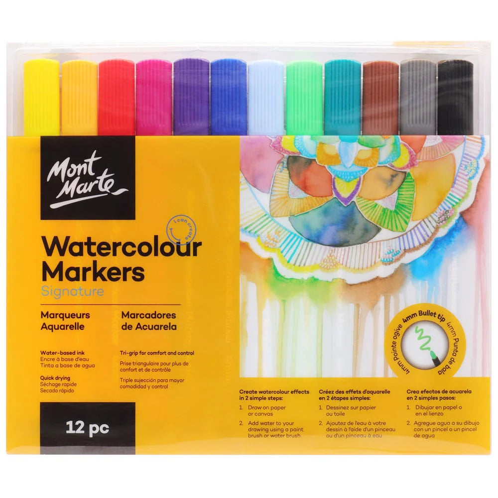 Mont Marte Watercolour Markers Signature (12 Colors - 1mm to 3mm Tips)